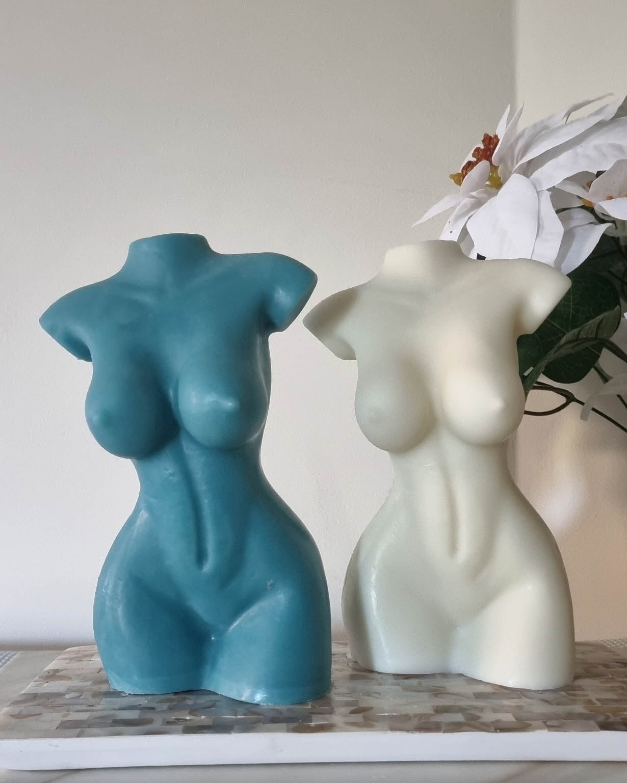 Blue and White curves of the female body Sculpted candle